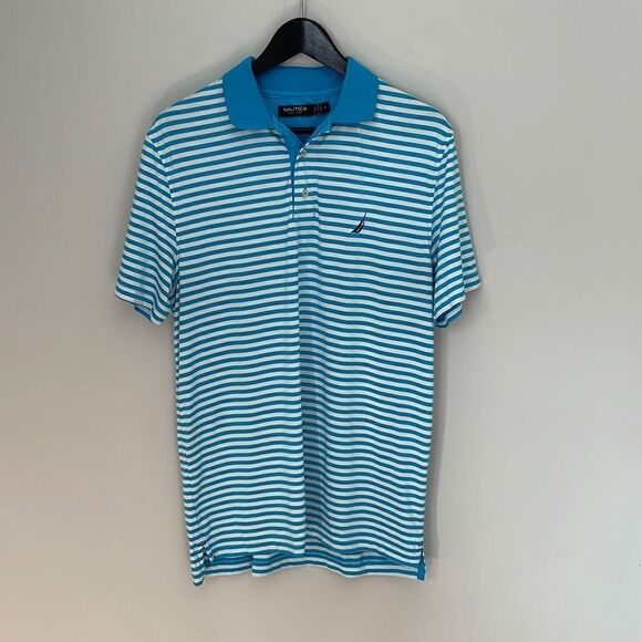 NAUTICA Men's Polo Golf Shirt Striped Short Sleeve Logo Stretch Size Small Aqua - Picture 1 of 8